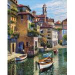 街景建筑油画,海,船和小镇
