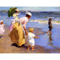海边沙滩上幸福的一家子,印象风格油画